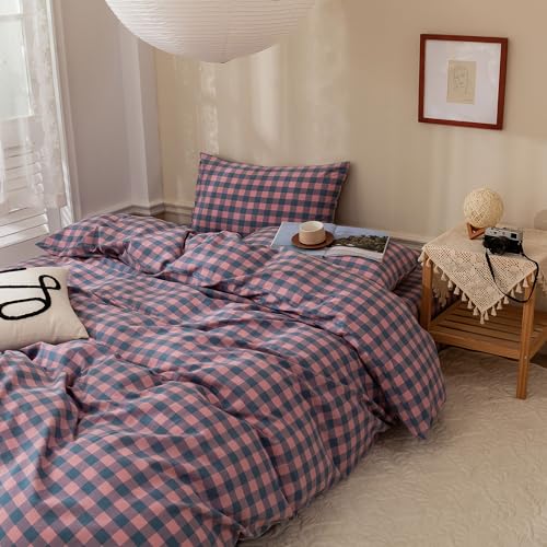 Image of EAVD Modern Purple Pink Plaid Duvet Cover Twin Soft Cotton Reversible Grid Plaid Bedding Set with 2 Pillowcases Simple Geometric Duvet Cover with Zipper Closure