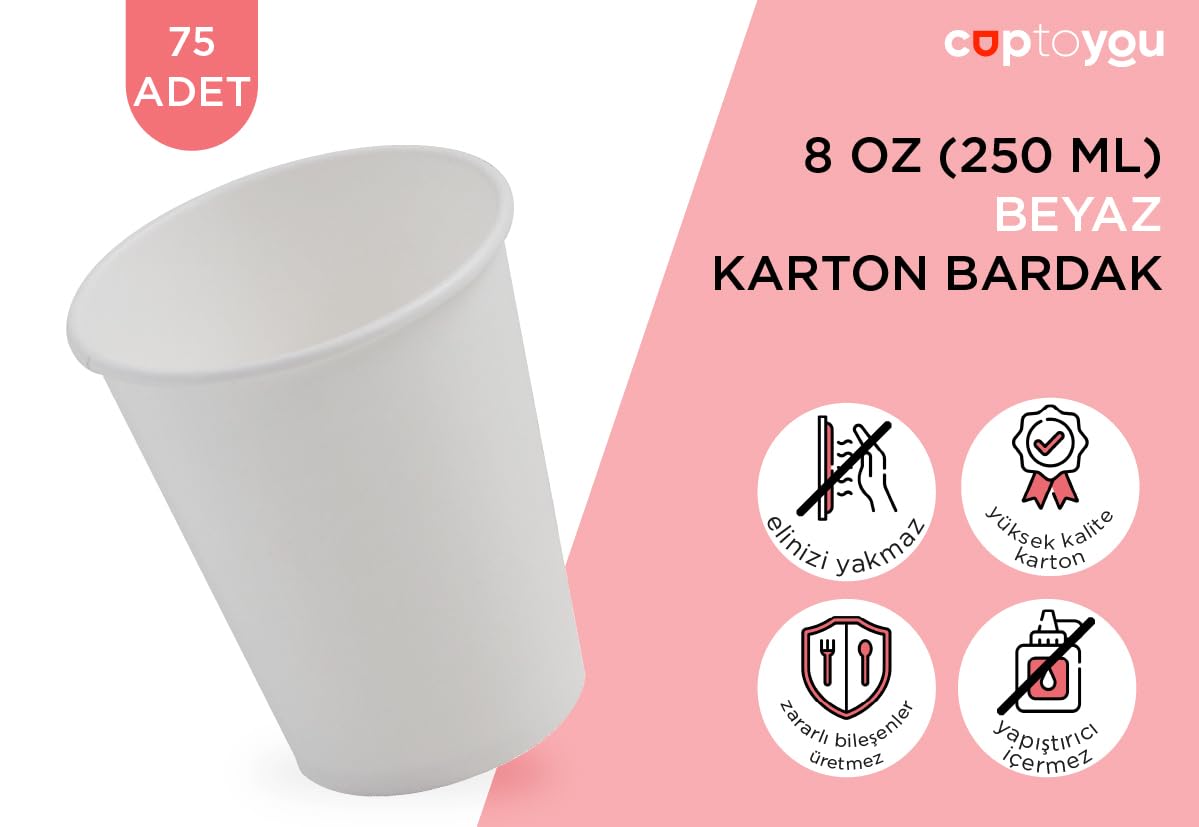 CUPTOYOU 75 adet tek kullanımlık karton bardak 8 oz 250 ml, beyaz sıcak bardaklar, kağıt meyve suyu bardağı, parti karton bardakları
