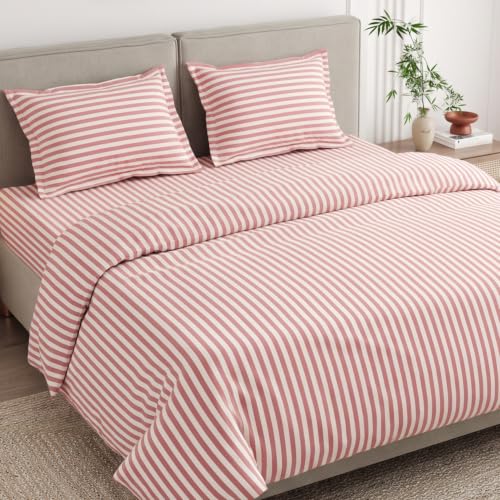 Image of Haus & Kinder Double Bed Bedsheet 90 x 100 | 186 TC Pure Cotton Bed Sheet Double Bed with 2 Pillow Covers | Queen Size Bed Sheet | Akatsuchi Stripe Red Earth