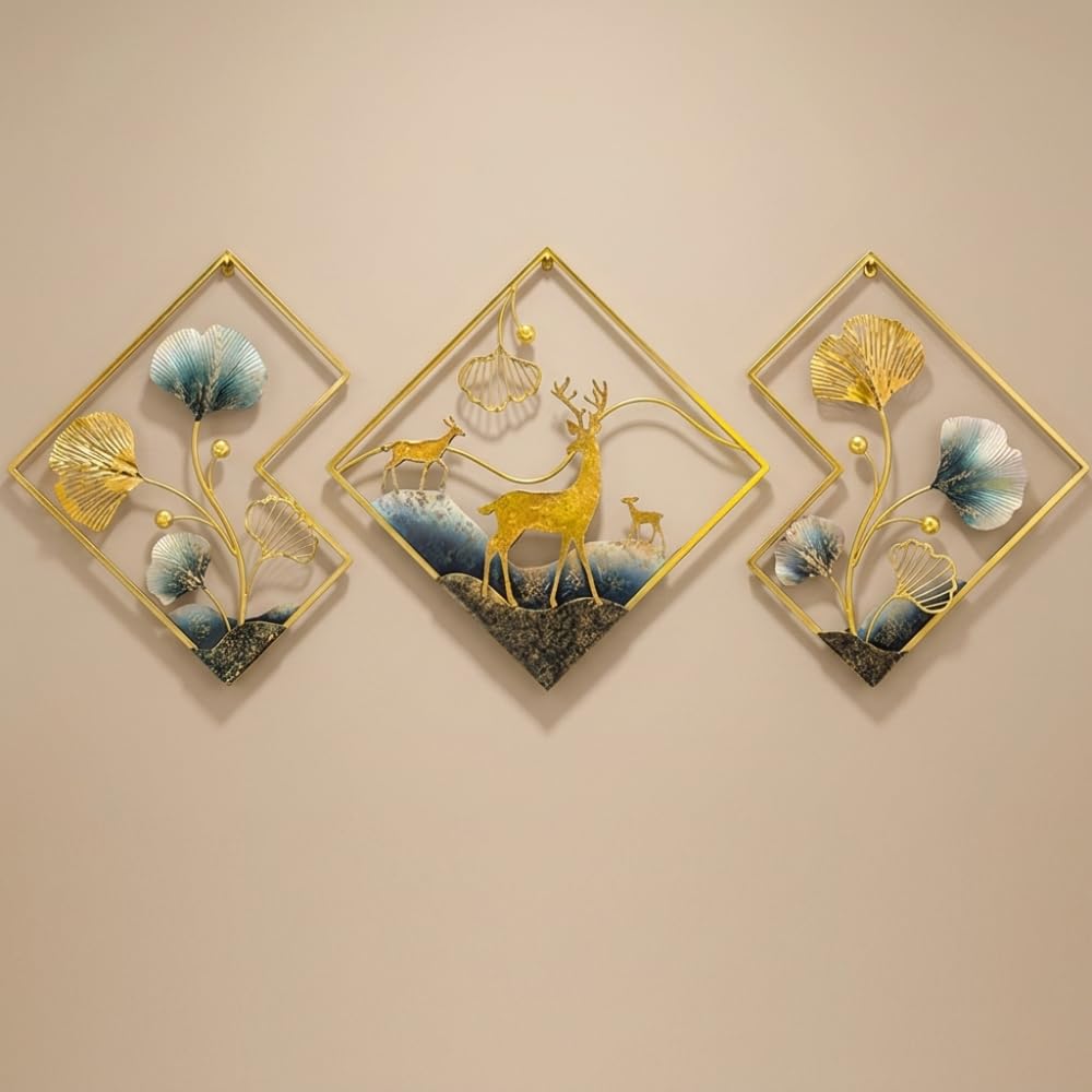 MACODECO Aesthetic Home Decor - Modern Metal Wall Art for Living Room Set of 3 | Gold Deer & Ginkgo Leaf Iron Wall Hanging | Wall Decor Items for Bedroom, Hall | Boho Home Decor (Medium, Gold/Teal)-image-45