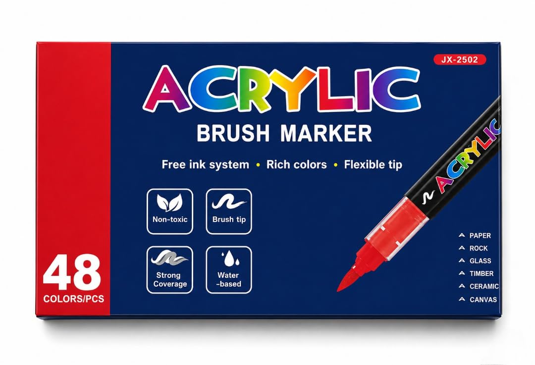 PROTON™ Acrylic Paint Markers Set of 48 Colors – Dual Tip Brush Markers for Rock, Glass, Paper, Wood, Ceramic, Canvas – Non-Toxic, Water-Based Paint Pens with Flexible Brush Tip – Rich Pigments (1)