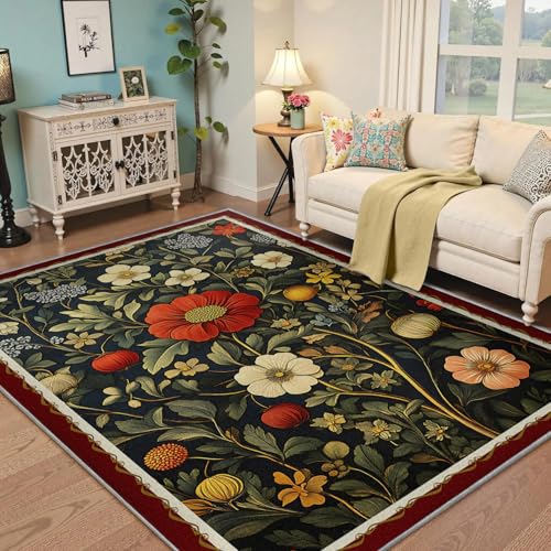 Tapis vert foncé 140x200 fleuri lavable et antidérapant pour salon