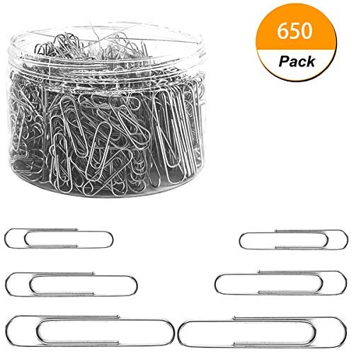 Youyuan Paper Clips PC500, 650 Pieces Assorted Sizes Silver Paperclips, Small, Medium and Jumbo (28mm, 33mm, 50 mm), for Office School Clips and Personal Document Organizing