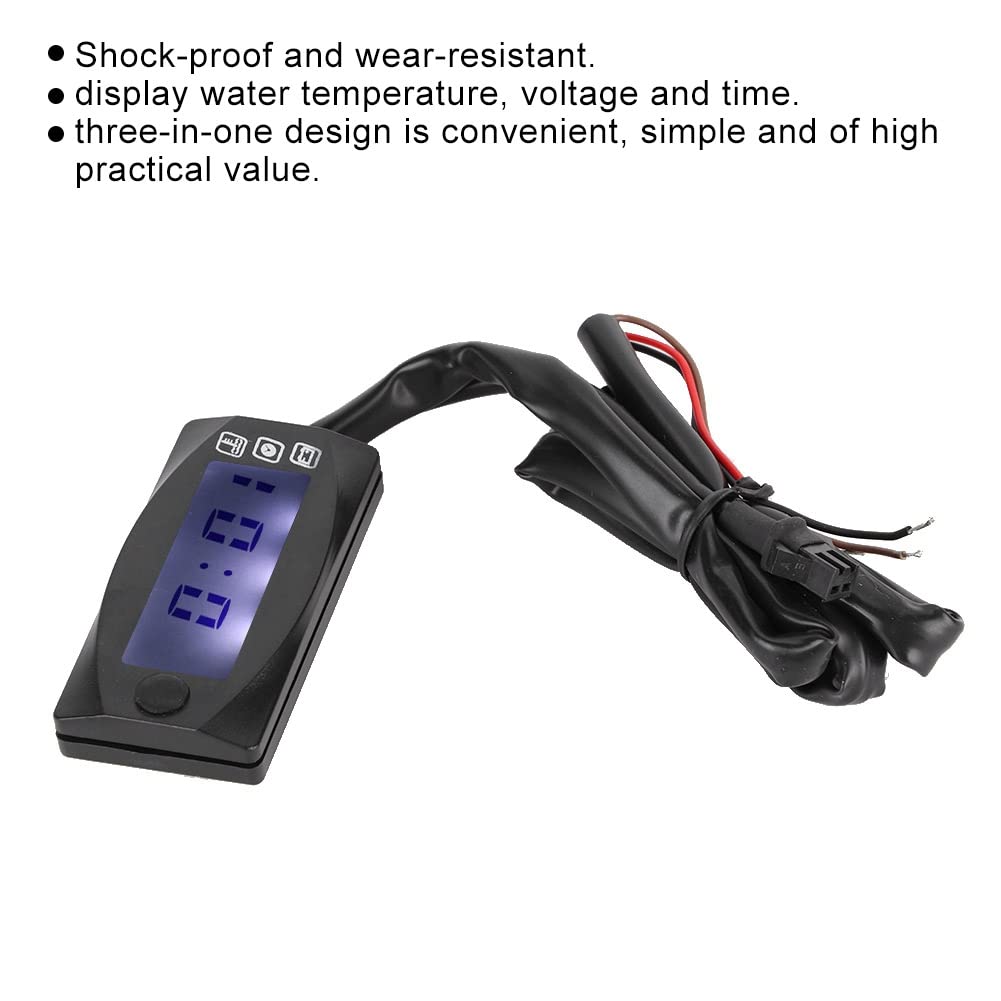 Termometro per Moto Misuratore di Tensione Misuratore di Temperatura 'Acqua Display Digitale del Tempo 3 in 1 ABS Multifunzionale Nero Antiurto Resistente all'Usura per