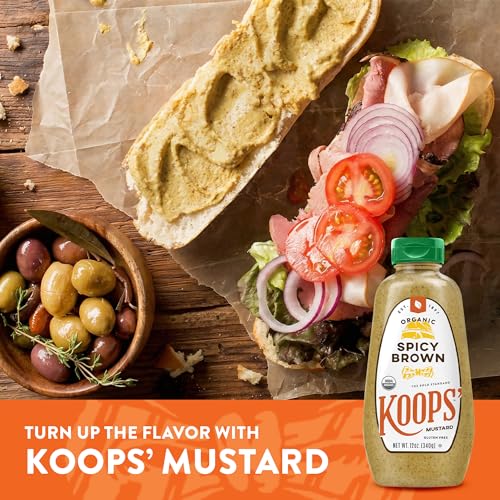 Image of Koops' Organic Spicy Brown Mustard - Bold and Brown Mustard Sauce, Gluten-Free, Kosher, USDA Certified Organic, Made in USA, From Quality Mustard Seeds - 12 Oz, Pack of 2
