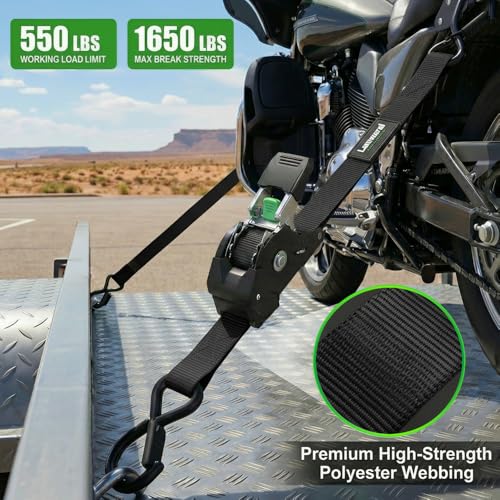 Image of Retractable Ratchet Straps (4-Pack) - 1 Inch x 10 Feet (1,650lb Break Strength) - Heavy Duty Auto Self Retracting Tie Down Straps for Motorcycle, ATV, UTV, Truck, Cargo Trailer - Black