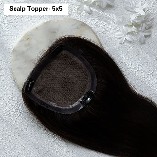 Image of Hair Originals 100% Human Hair Extensions for Women, Clip in Scalp Topper /Hair Topper, Silk Based- (5 inchx5 inch, 16 Inches, Natural Black)