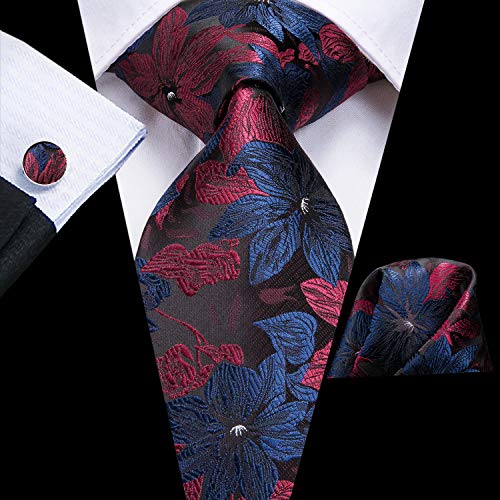 Dubulle Burgandy And Navy Blooming Floral Mens Necktie With Hankerchief Burgundy Ties For Men Wedding #TOP1