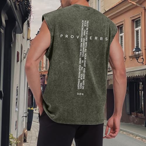 Image of Christian Gym Workout Tank Tops for Men Vintage Bible Verse Cross Graphic Sleeveless Muscle Shirts Acid Wash Tanks Top