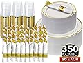 350 Piece Gold Dinnerware Set - 50 Guest - Disposable Gold Dinnerware Set - 100 Gold Rim Plastic Plates - 50 Pre-Rolled Linen Feel Napkins with Spoons, Forks, Knives - 50 Gold 10 OZ Plastic Cups