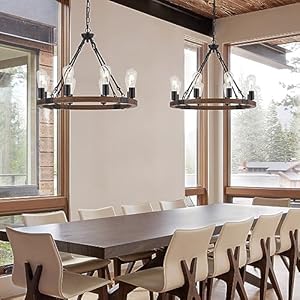 8 Lights 23.6'' Wooden Wagon Wheel Chandelier Farmhouse, Black Metal Ceiling Pendant Light Industrial Vintage Rustic Round Wood Chandeliers for Living Dining Room Kitchen Entryway Foyer 8 Lights 236 Wooden Wagon Wheel Chandelier Farmhouse Black Metal Ceiling Pendant Light Industrial Vintage Rustic Round Wood Chandeliers for Living Dining Room Kitchen Entryway Foyer