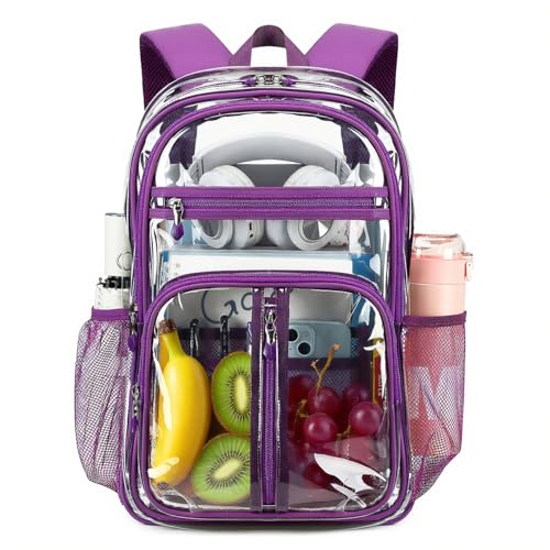 Image of Cusangel Large Clear backpack for Girls,16in See Through Heavy Duty Bookbag | Big Capacity Transparent bulk Plastic Bag For Stadiums,School,Warehouses,Concert venues Airport security checkpoints(Purple)