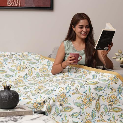 Urban Space 100% Cotton Malmal Single Bed Dohar, All Season Reversible Blanket, Soft, Lightweight and Breathable Ac Dohar/Quilt/Blanket/for Bed, Sofa AC Blanket (58 x 95 inch, Iris Blue)