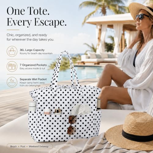 Image of LEDAOU Beach Bag Waterproof Sandproof Women Beach Tote Pool Bag with Zipper for Swim Gym Grocery Travel with Wet Pocket | Sandproof
