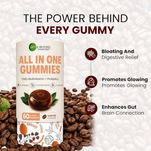 Image of Gut and Beyond All in One Multivitamin Gummies for Men and Women, 60 Count - Probiotics, B Complex, Vitamin C, D and E and Antioxidants for Immunity, Energy, Gut Health and Skin, Coffee Flavour