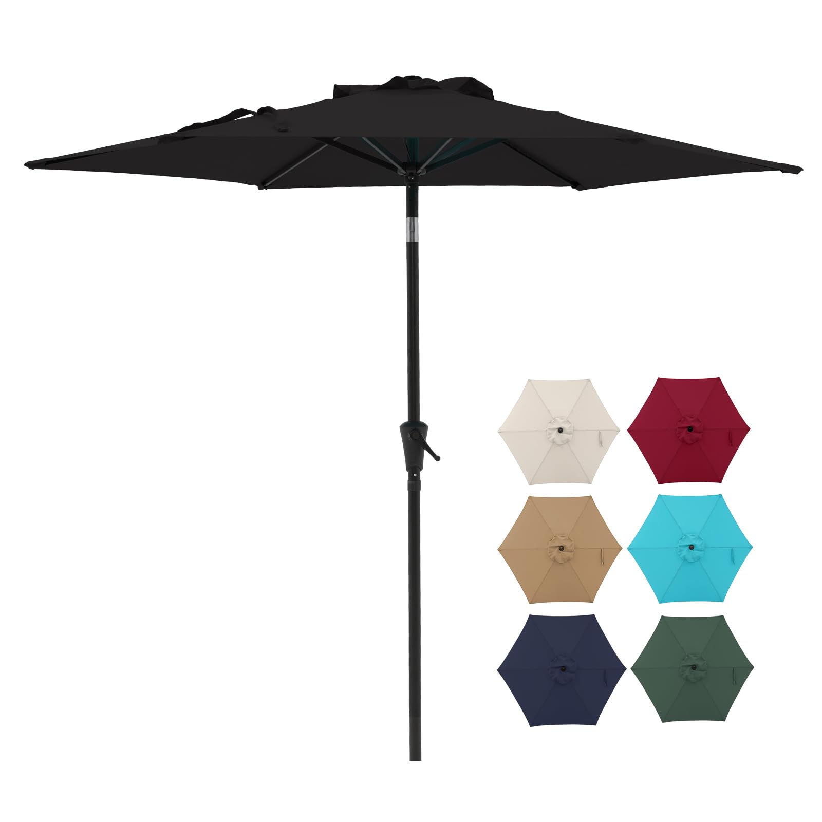 COBANA 7.5 ft Patio Umbrella Outdoor Table Market Umbrella with Push Button Tilt and Crank, 6 Ribs, Black