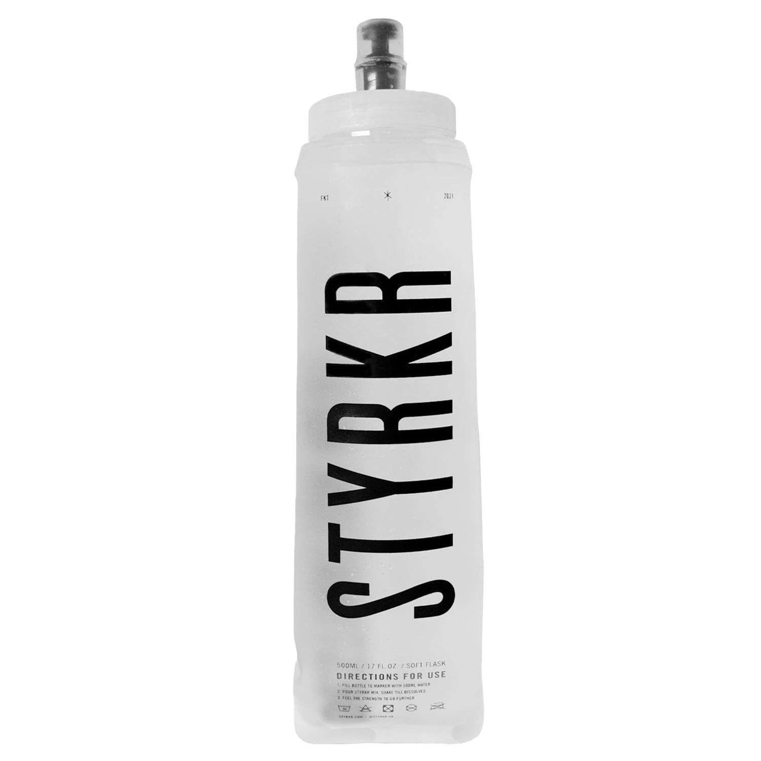 STYRKR Soft Water Bottle 500ml Running Flask in Clear/Transparent - Foldable & Squeezable, Wide Mouth & Easy Clean - Bike, Sports or Gym