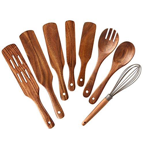 Wooden Spurtles kitchen tools, NAYAHOSE 8 pcsTeak Wood Cooking Utensil Wooden Spoons for cooking salad fork and Whisks