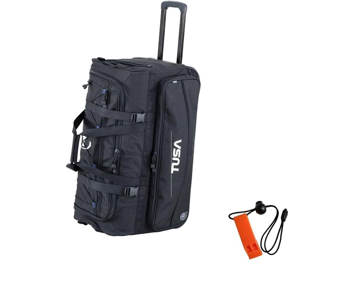 Dive Gear Roller Duffle Bag in Black & DiveCatalog's Orange Whistle w/Lanyard & Dive Flag Sticker