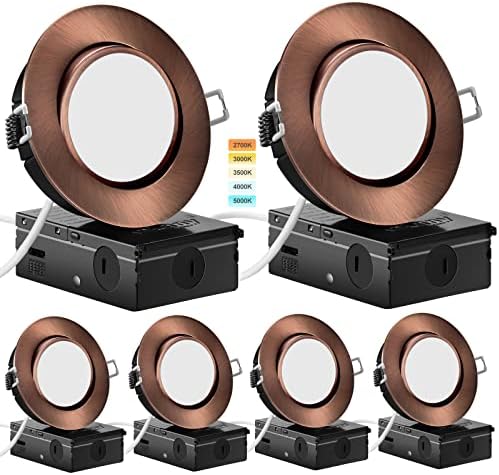 KnLnny Ware Oil Rubbed Bronze 4 Inch Led Recessed Lights 6 Pack,Ajustable Led Eyeball Gimbal Light,4 Inch Ceiling Light with Junction Box,5CCT Selectable,9W 750LM,Dimmable,ETL Listed