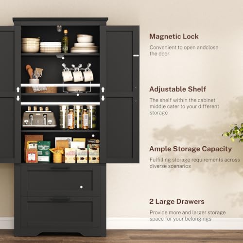 Image of TEENFON 66.1 inch H Storage Cabinet, Farmhouse Kitchen Pantry Cabinet with 2 Drawers & Adjustable Shelf, Bathroom Cabinet, for Living Room, Kitchen, Bathroom, Black