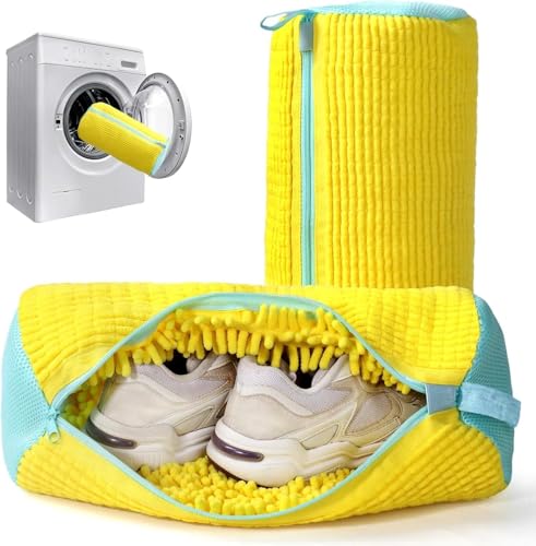 Shoe Washing Machine Bag for Laundry | Reusable Mesh Zipper Shoe Cover for Washer & Dryer | Sneaker Cleaning Protector Pouch for Delicates & Toys (Yellow)