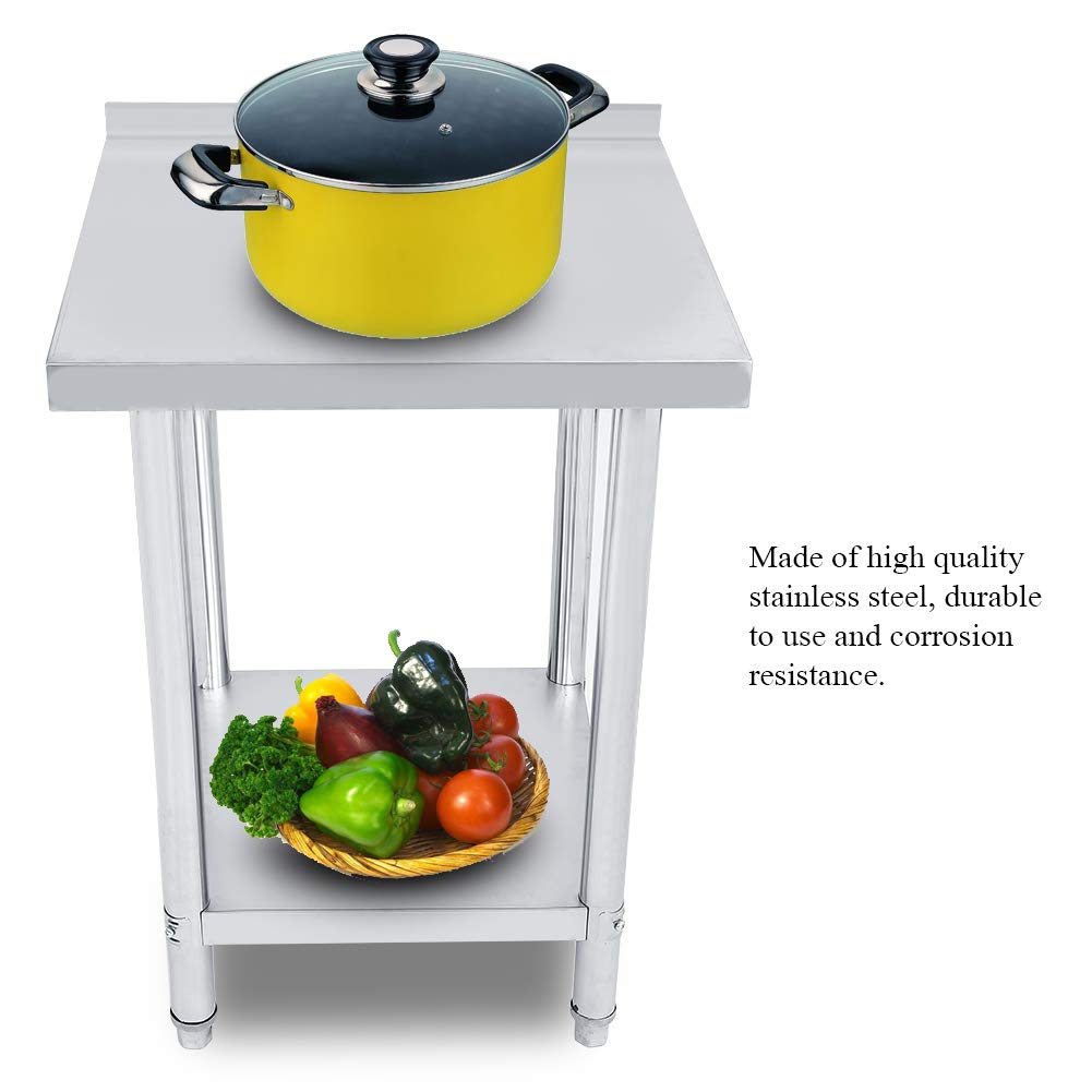 Fafeicy Tavolo Operatorio in Acciaio Inossidabile a Doppio Strato con Schienale, Tavolo di Preparazione per Cucina Commerciale, Spessore 0,6 Mm (2X2FT=61X61CM)