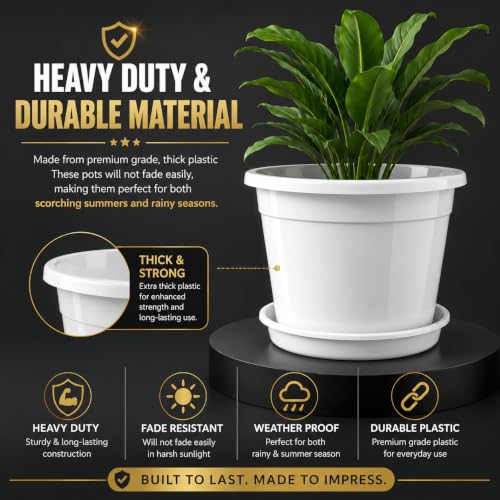Image of 12 Inch Glossy White Plastic Planter with Bottom Plate | Heavy Duty Flower Pot with Tray for Indoor Home Decor, Balcony, Living Room & Outdoor Garden (10 Pot, White)