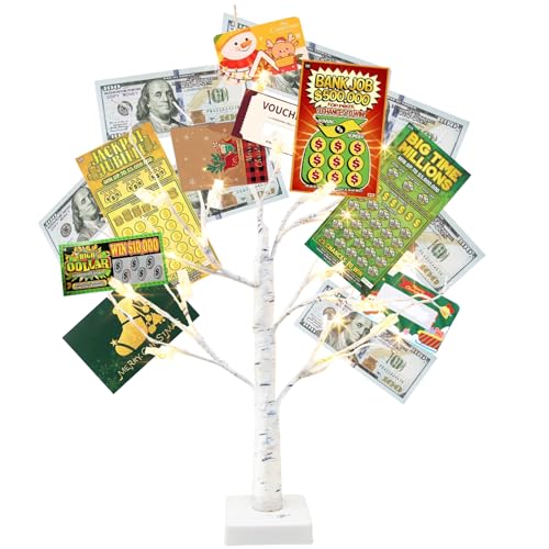 Vanthylit Money Tree Gift Holder, Lighted Tabletop Birch Tree with Clips and Greeting Cards, Photo Decorations for Birthday Wedding Christmas Graduation Gifts(24 LED Warm White)