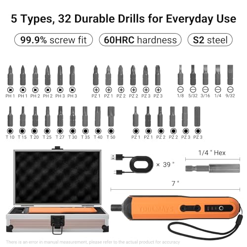 Image of 4V Electric Screwdriver Set, Rechargeable Cordless Electric Screwdriver with LED Light, Electric Screwdriver Set with Aluminum Case, 32 in 1 Screwdriver with 3