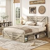 Maupvit Farmhouse Queen Size Bed Frame with Sliding Barn Door Storage Cabinets, Rustic Platform Bed Frame with Adjustable Thick Headboard, Sturdy Wood & Metal Frame, No Box Spring Needed, Noisy-Free