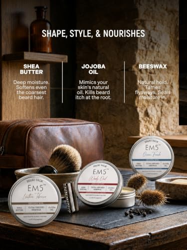 Image of EM5 Organic Beard Balm | Shape Style And Tame | Medium Hold & Shine | Long Lasting Fragrance | Mustache And Beards Wax For Him /Men (Leather Tobacco, Ocean Fresh, Woody Oud) | Pack of 3