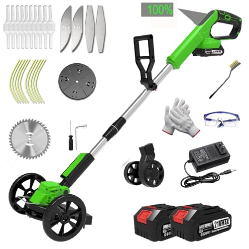 Electric Weed Wacker Battery Powered, Cordless Weed Trimmer with 21V Battery Operated & Charger & Wheels & 25 Blades, No-String Brush Cutter/Lawn Edger/Grass Trimmer for Garden Yard