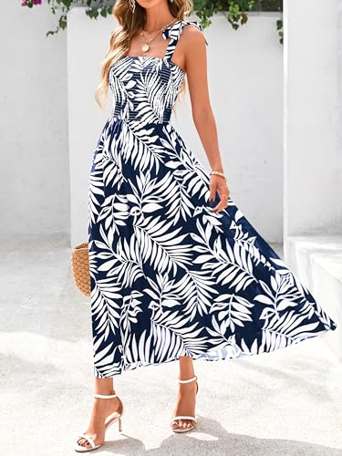 Image of PRETTYGARDEN Womens Summer Dresses Floral Sleeveless Smocked Maxi Dress Boho Spaghetti Strap A Line Flowy Beach Long Sundress