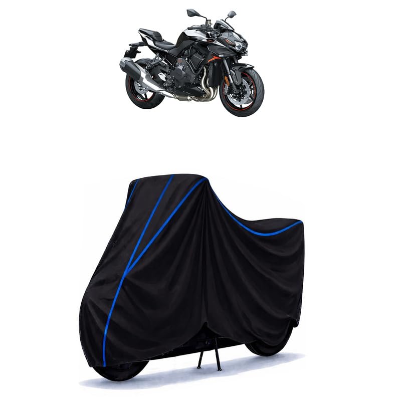 Image of Z H2 Bike Cover Water Resistant Universal Motorcycle Rain | Heavy Duty UV Protection, Dust, Scratch Indoor Outdoor All Weather with Black Blue Piping Elastic