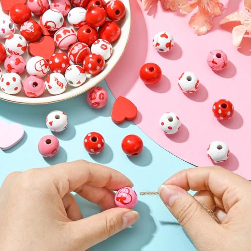 Stiesy 120Pcs Valentines Theme Wooden Beads Wood 16mm Round Beads Red Love Heart Polka Dot Spacer Beads Set for Jewellery Making DIY Bracelet Crafting - Image 4