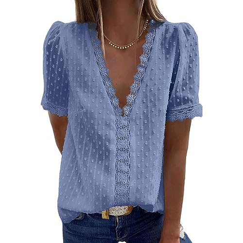 Bipily Camiseta para Mujer Blusa de Encaje con Cuello en V de Gasa Manga Corta Elegante y Básica Color Sólido Tops(Azul Puro,S)