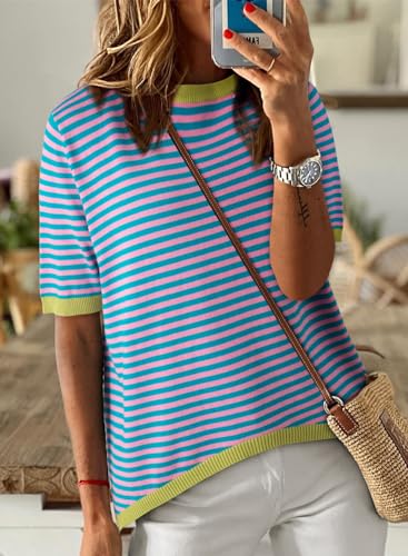 Image of Dokotoo Womens Tops 2026 Casual Summer Crewneck Short Sleeve Striped Color Block Knit High Low Trendy Pullover Sweaters