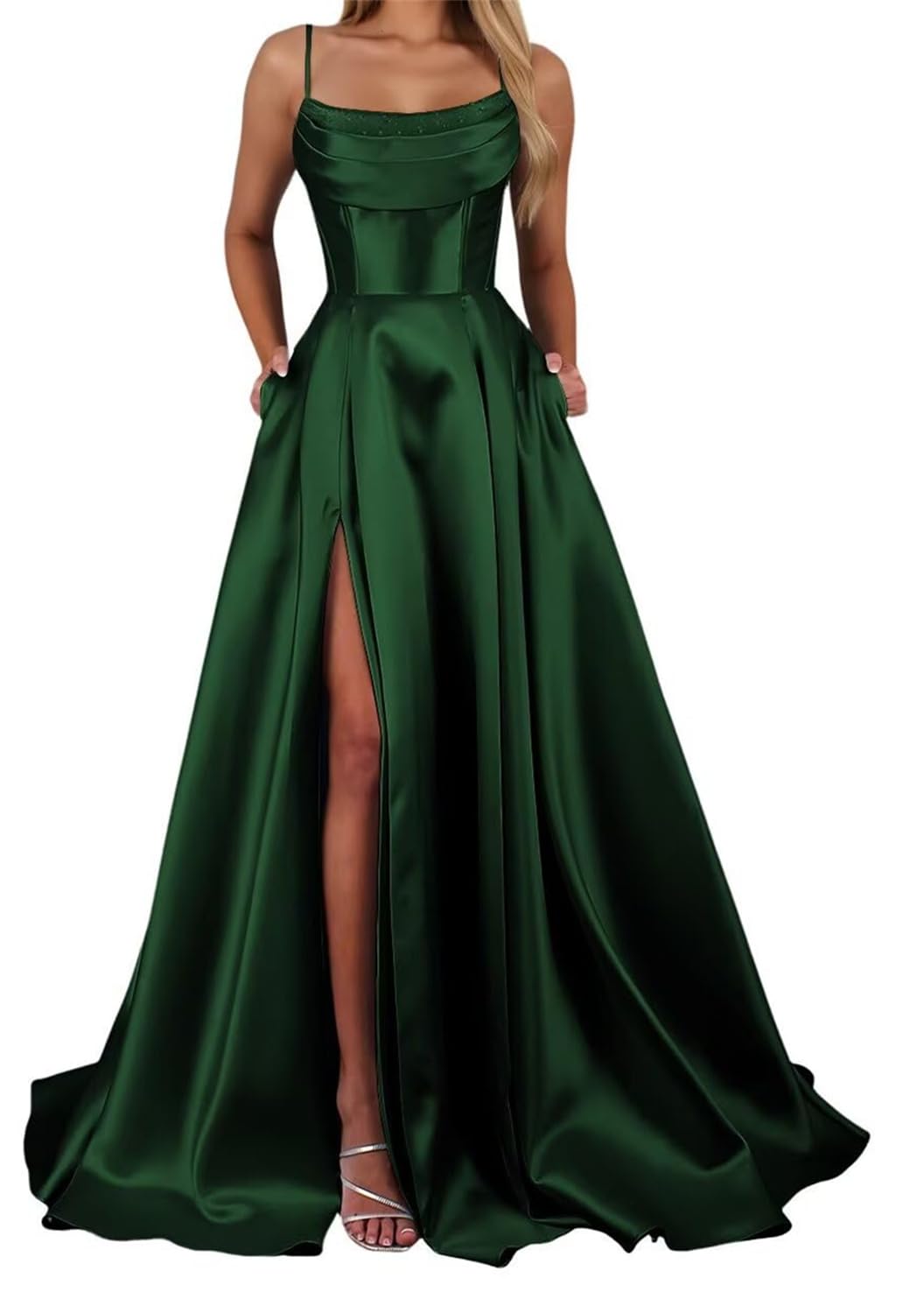 Women's Spaghetti Strap Satin Prom Dresses with Slit Corset Long Formal Evening Dress