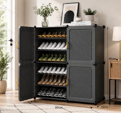 Image of LUHI Premium Modular Plastic Shoe Rack for Home with Door | 12-Tier Stackable Shoe Organizer | Waterproof & Dustproof | Space Saving Storage for Home, Bedroom & Entryway [Grey, HS, 12-Shelf-4-Door]