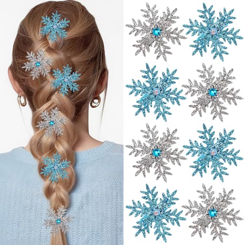 Atoden Sparkly Snowflake Hair Clips Barrettes 8Pcs Christmas Hair Accessories Decorative Hair Pins for Women Girls Princess Elsa Cosplay Party Decorations Xmas Gifts (Blue and Silver)