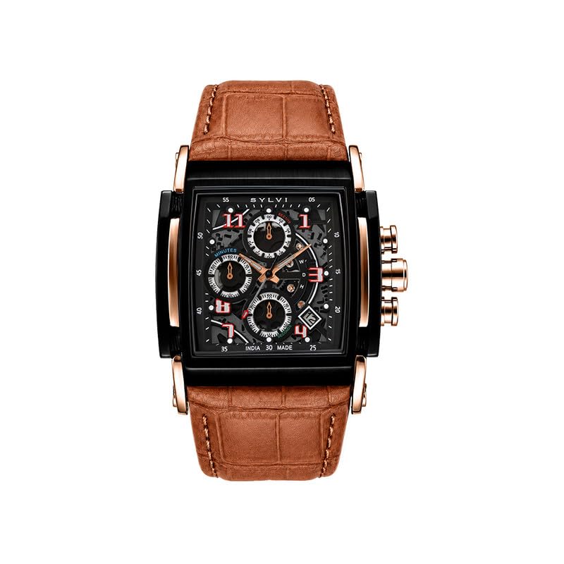 Dominator Chronograph Watch for Men Rectangular Black Rose Gold 45mm Analog Genuine Leather Strap Date Display 3ATM-image-22