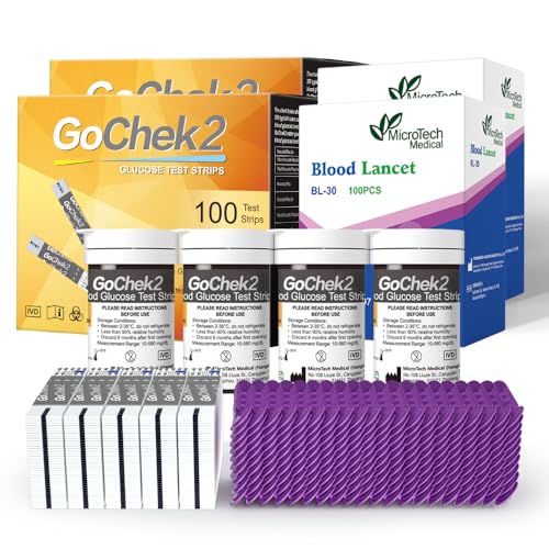 MicroTech Blood Glucose Test Strips & Lancets, 180d Opening Valid, Immune to Blood Oxygen, Only for Gocheck2, 200 Count.