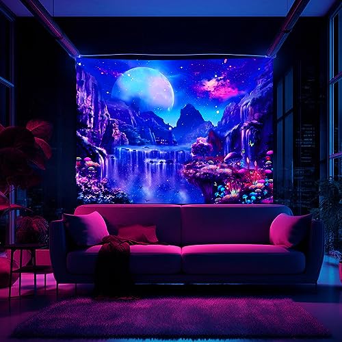 Avinyl Blacklight Posters Space Tapestry For Bedroom Black Light Waterfall Landscape Wall Hanging Uv Reactive Moon Galaxy Tapestries Fantasy Mushroom And Floral Tapestry For Living Room Decor 51In X 60In thumb #7