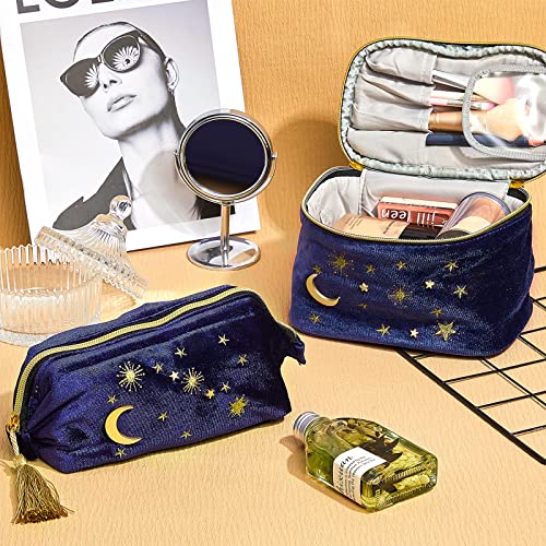 Patelai 2 Pcs Velvet Stars Makeup Bag Cosmetic Bag Handy Travel Starry Makeup Pouch Portable Embroidered Pouch Toiletry Wash Bag Cute Storage Bag Clutch Handbags(Navy,Sun Moon)3