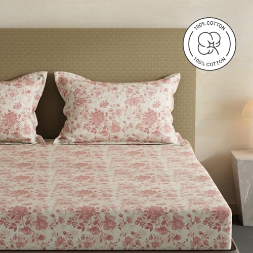 Image of Layers 100% Cotton Bedsheet for King Size Bed | Lumina Floret Collection | 144 TC Soft & Breathable | Floral Print with 2 Pillow Covers | Wrinkle Free & Colorfast | 3 Piece Bedding Set - Pink