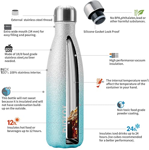 Image of BJPKPK Insulated Water Bottles 17oz Stainless Steel Sports Water Bottles Keep Cold for 24 Hours and Hot for 12 Hours,BPA Free,Glitter Silver Blue