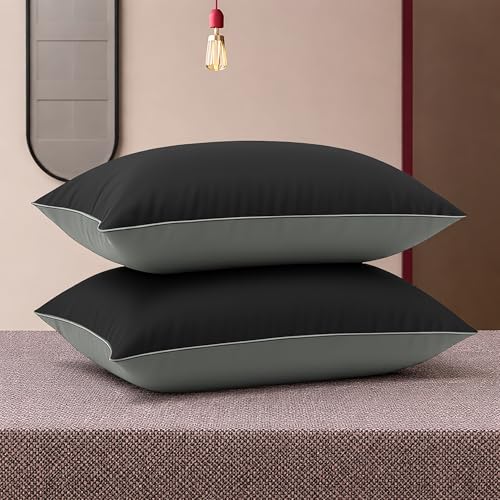 Image of Cloth Fusion Premium Microfiber Soft Pillow Set of 2 for Sleeping, Comfy Hotel Comfort Grade, Vacuum Packed, Standard Size (16x24 Inches, Black-Grey)