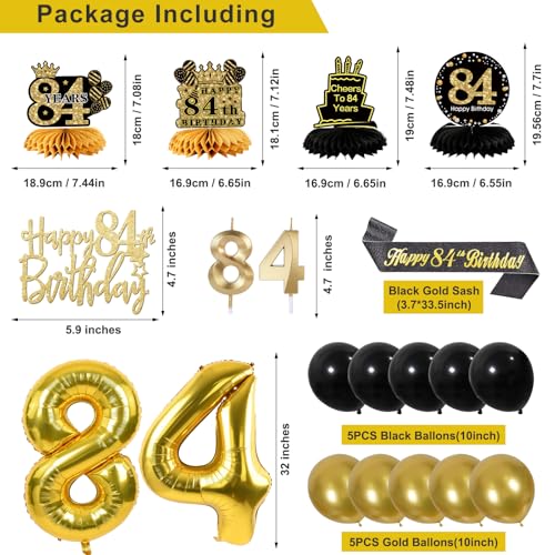Image of 84th Birthday Decorations for Men, Black Gold 84th Party Decorations | 27pcs Happy 84th Birthdays Set: Banner, Honeycomb, Balloons, Gold Number, Candle, Hanging Swirls, Cake Topper, Party Supplies