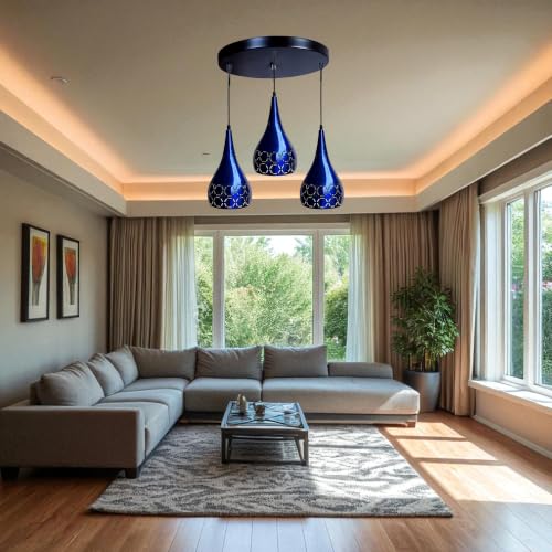 Image of GreyWings 3 Light Hanging Light for Home, Blue Aluminium Pendant Light with E27 Holder, Modern Ceiling Hanging Lamp for, Bulb Not Included, Cluster Set